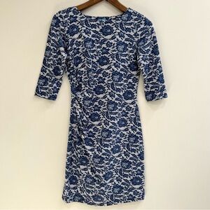 J. McLaughlin Sage 3/4 Sleeve Catalina Cloth Dress Side Ruched Navy Lace Print S
